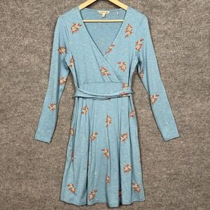 Toad&Co Small Dress Blue Floral Faux Wrap Shift Tie Waist V-Neck Long Sleeves